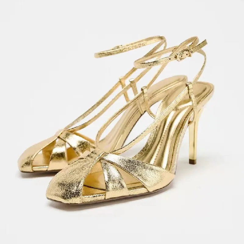 Women Shoes Brand - Fashion Gold Thin Heeled Sandals Women