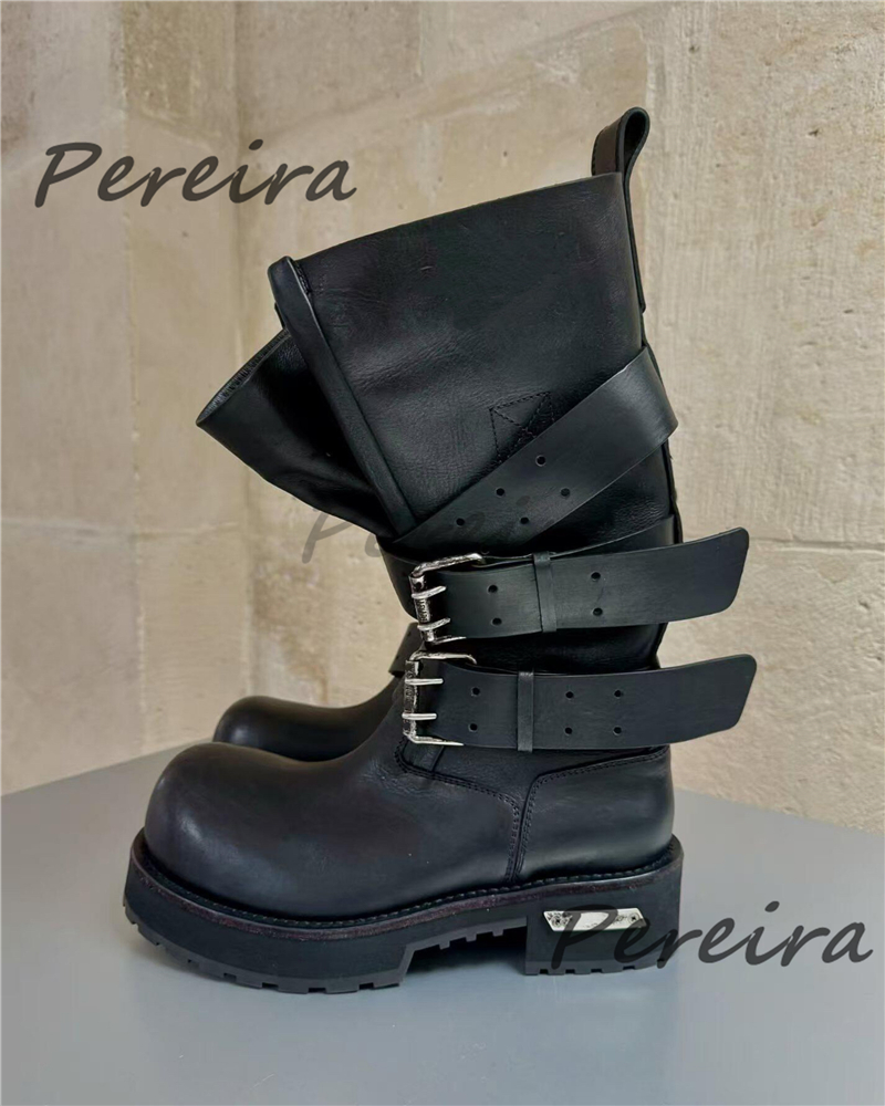 Women'S Shoes Big Feet - Retro Belt Buckle Motorcycle Boots for